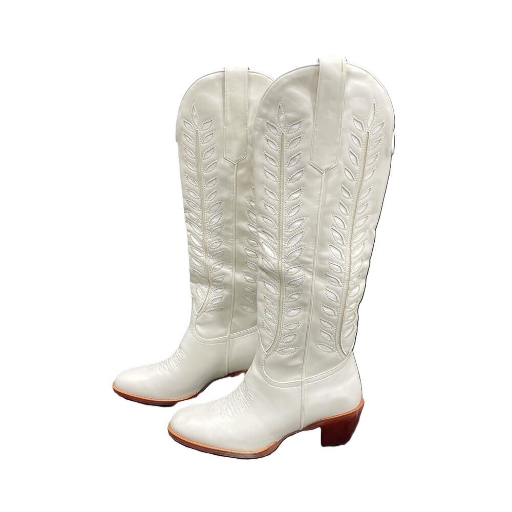 White Cowboy Boots Size 8 Women's Knee High Embroidered Western Boots